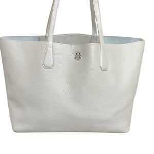 Tory Burch gray metallic or silver pebbled leather Perry tote bag